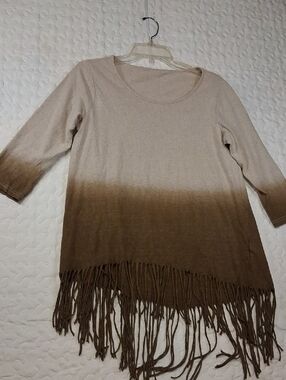 Umgee Beige to Brown Ombre Fringe Tunic Mid Sleeve 55% Linen 45 % Cotton.Relaxed
